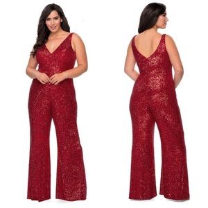 La Femme Red Sequin Jumpsuit Curve Plus Size 16 Sleeveless V Neck Party